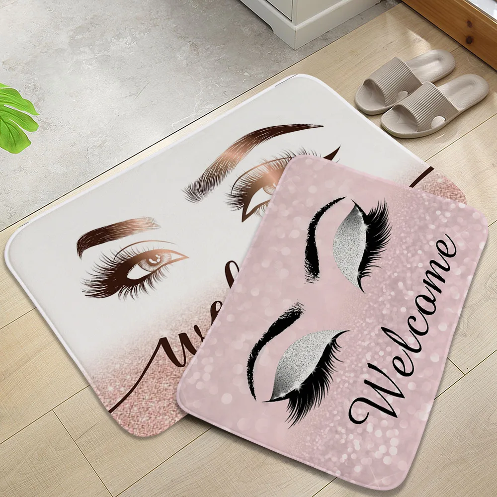 Rose Golden Glitter EyeLash Lashes Welcome Door Mat Sparkly Makeup Rubber Doormat Rug Carpet Chic Home Beauty Studio Decor