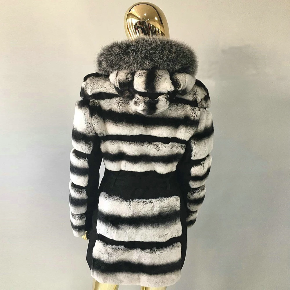 Giacca da donna in pelliccia di coniglio Rex naturale con cappuccio in pelliccia di volpe argentata spessa calda donna capispalla invernale nuovo cappotto di pelliccia di coniglio Rex alla moda