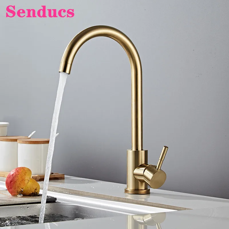 

Brushed Gold Kitchen Faucets Senducs Single Handle Hot Cold Kitchen Mixer Tap SUS304 Stainless Steel Kitchen Mixer Faucets