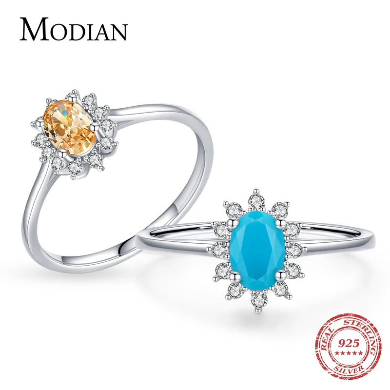 MODIAN 925 Sterling Silver Classic Crown Champagne Zircon Finger Ring For Women Fashion Trquoise Wedding Engagement Jewelry Gift