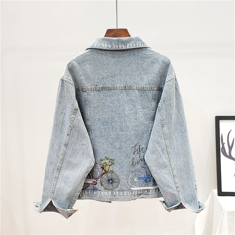 

Style BF Women Loose Fit Denim Jacket Pocket Kawaii Floral Printed Harajuku Outwear Coat Casual Female Vintage Jean Jacket Top