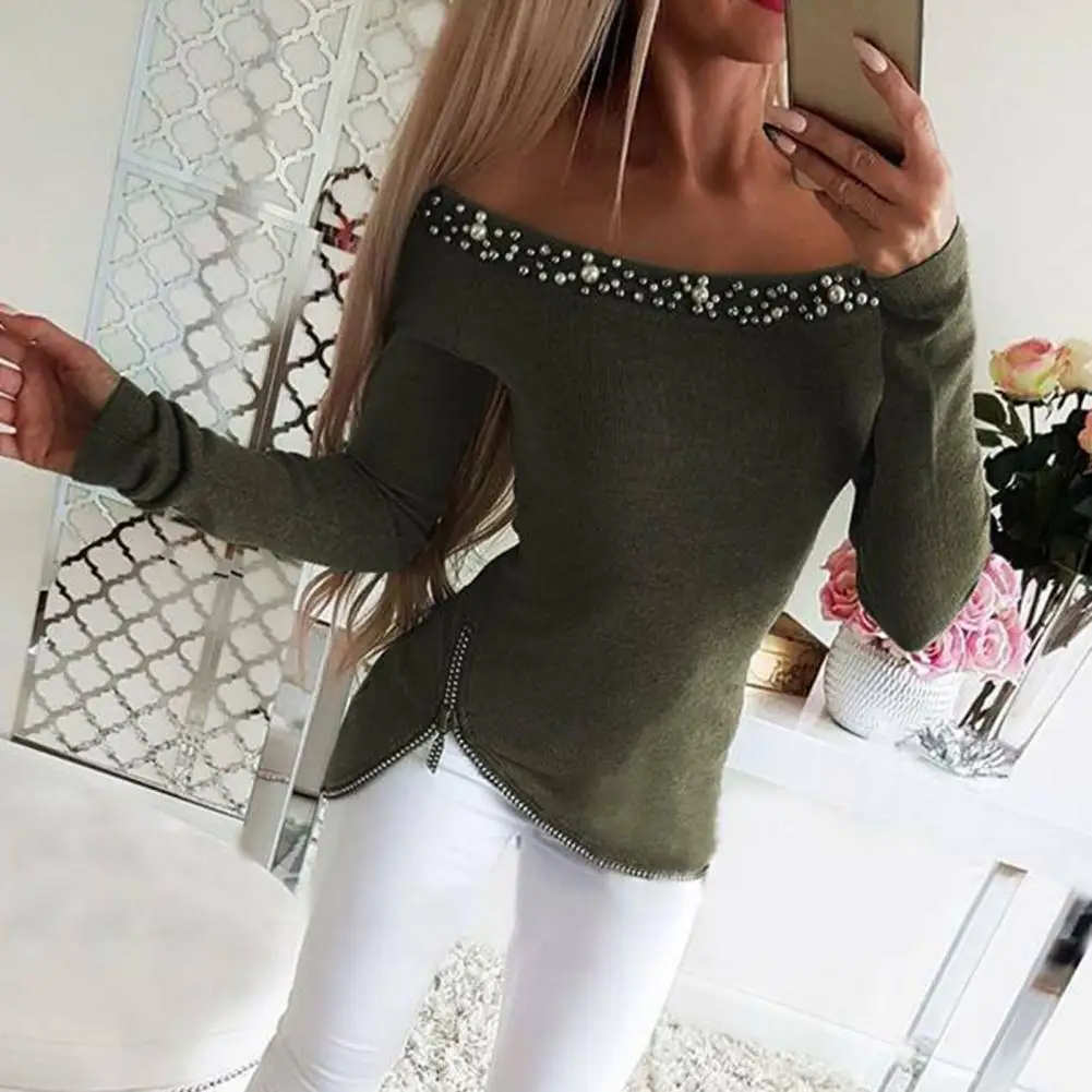 Camicetta da donna manica lunga Slim elastico con spalle scoperte Pullover colletto in finta perla cerniera Casual autunno inverno Pullover