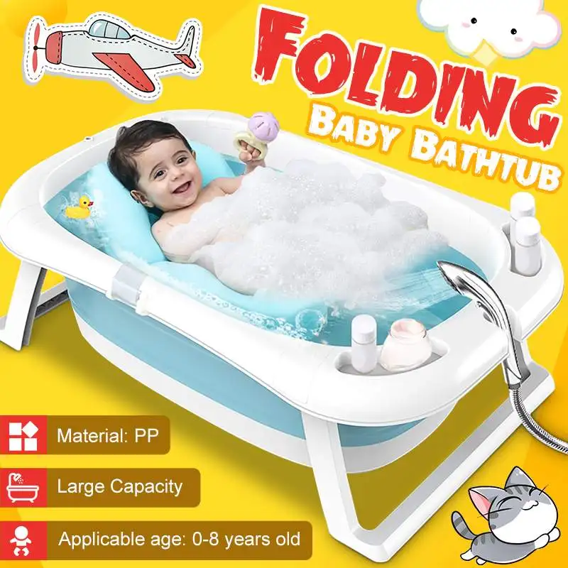 Folding Newborn Toddler Baby Shower Bath Tub Collapsible Bathtubs Support with Cushion Smart Thermometer Portable Bathtubs