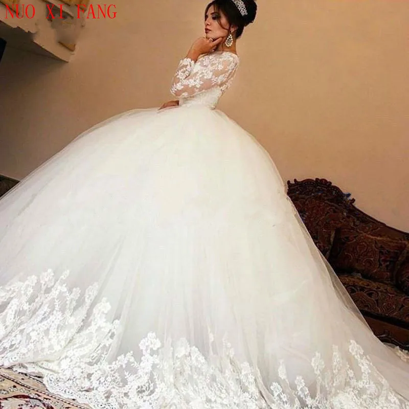 Vestido de novia con apliques de lujo, manga larga, encaje, romántico, elegante, Princesa, 2023