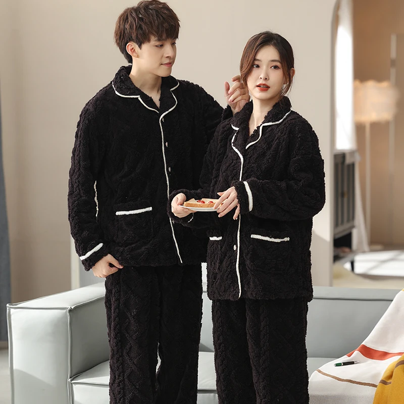 Winter Plush Velvet Couple Cardigan Pajamas Thick Flannel Warm Home Sleepwear Women Soft Pyjamas Two Piece Lounge Pijamas Mujer