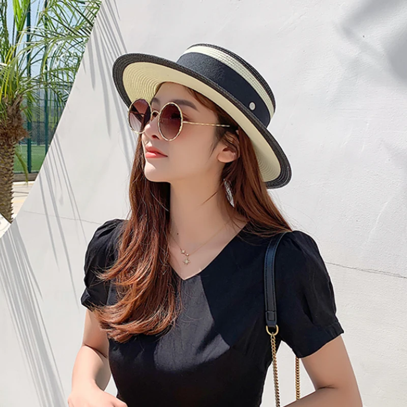 Summer Elegant Retro Women Flat Top Straw Hat Trip Caps Leisure Beach Sun Hats M Letter Breathable Flower Beach Hat