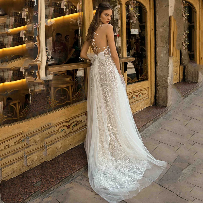 بوهو بريق فستان الزفاف الخامس الرقبة الدانتيل يزين البوهيمي زي العرائس الشاطئ ألف خط لامعة Vestido De Noiva عارية الذراعين طول الأرض