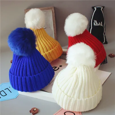 2020 New Fashion Children Winter Hats Baby Kids Girl Solid Knitted Beanies Caps Hair Ball Thick Baby Boys Girls Winter Warm Hat