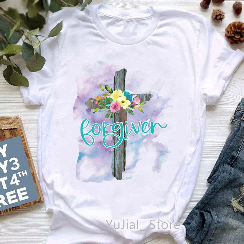 

He Is Risen Watercolor Cross Graphic Print T-Shirt Women Easter How Great Thou Art Tshirt Femme Christian Hymn T Shirt Female