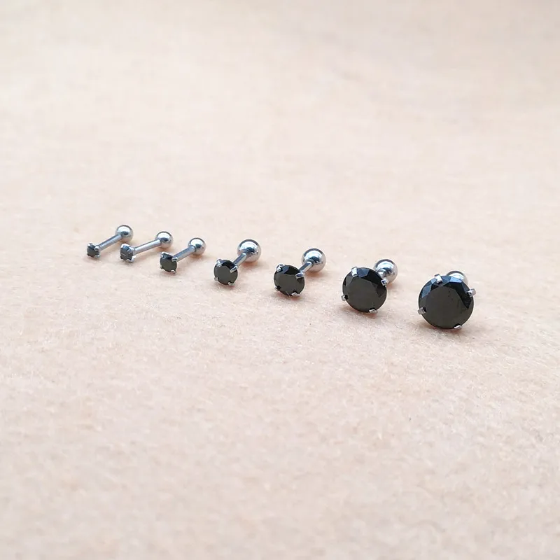 316l Stainless Steel Screw-back Black Round AAA Zircon Stud Earrings 2mm to 8mm Classical Style No Fade Allergy Free