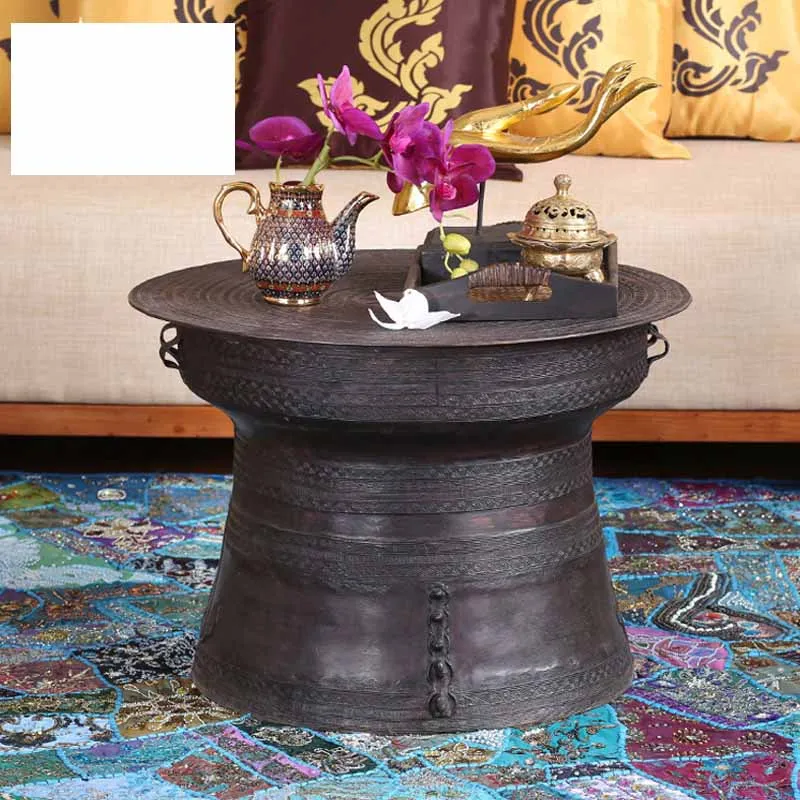 Thailand Handmade Pure Copper Living Room Coffee Table Retro Round Metal Old Tea Table Southeast Asian Style Furniture