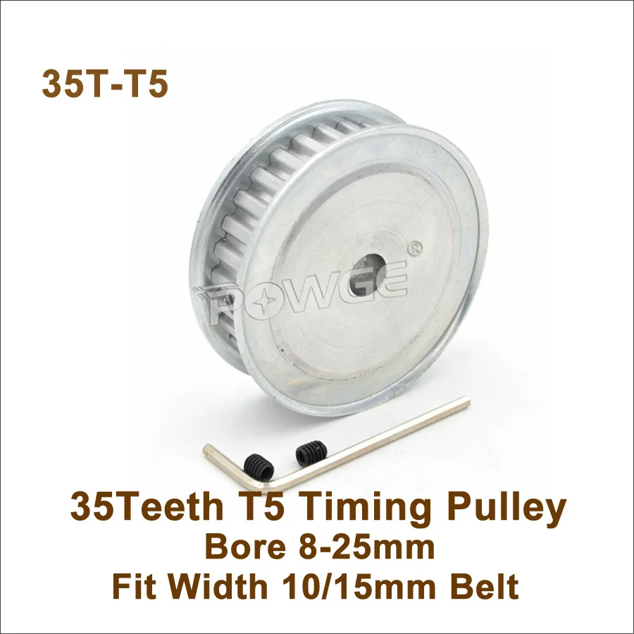 POWGE 35 Teeth T5 Timing Pulley Bore 8-25mm Fit W=10/15mm T5 Synchronous Belt 35T 35Teeth T5 Timing Belt Pulley 35-T5