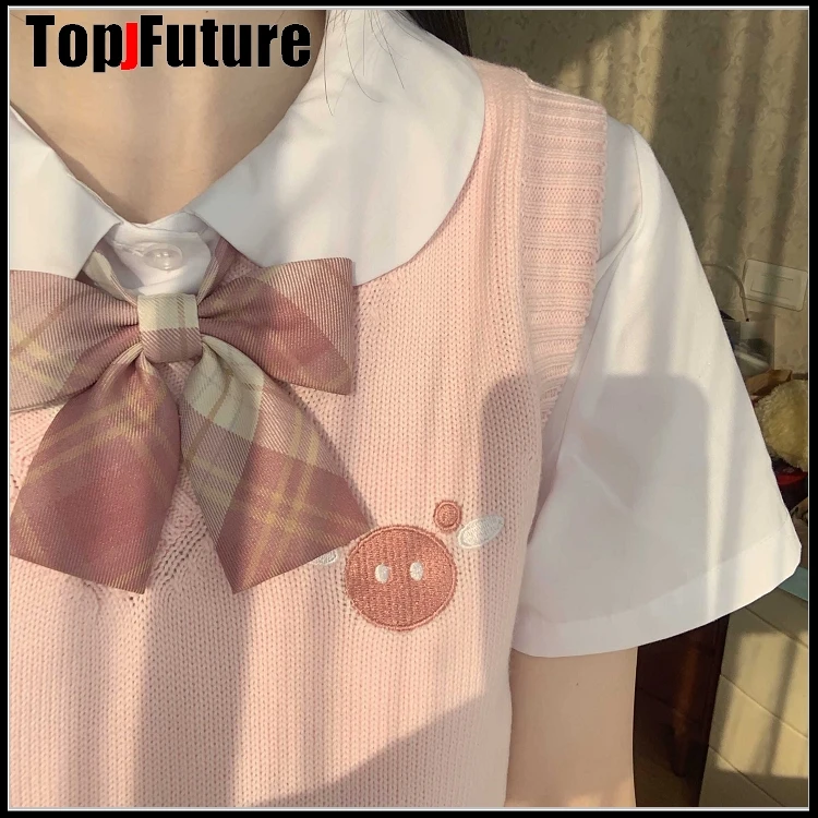 Roze Japanse Meisje Gebreide Vest Leuke Veelzijdige Trui Schooluniform Vesten Roze Grote Neus Borduurwerk Trui