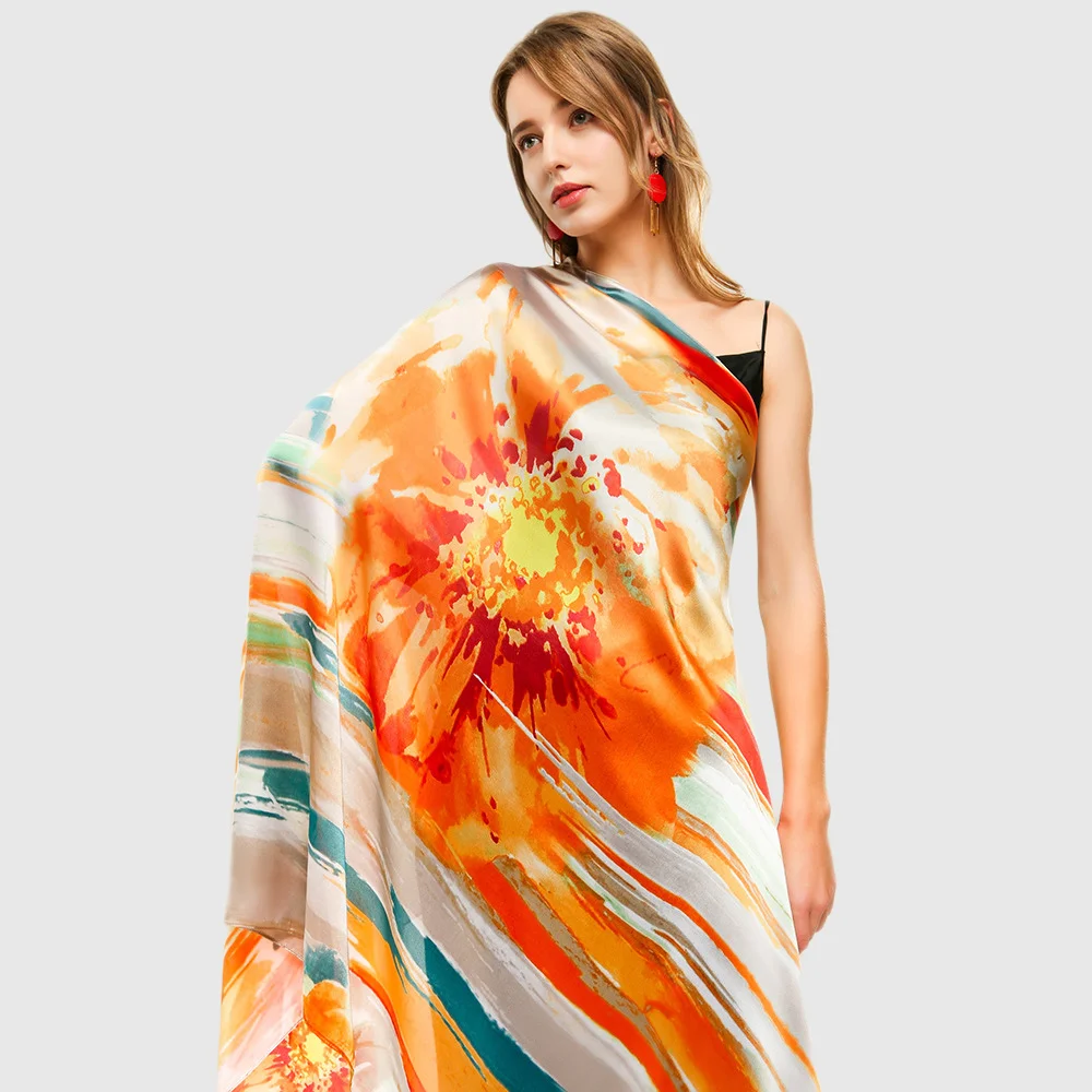 Colorful Silk Large Shawl Women Bright Smooth Beach Sarong Wrap Cover Female Protected Flower Neck Scarf 180*90 cm