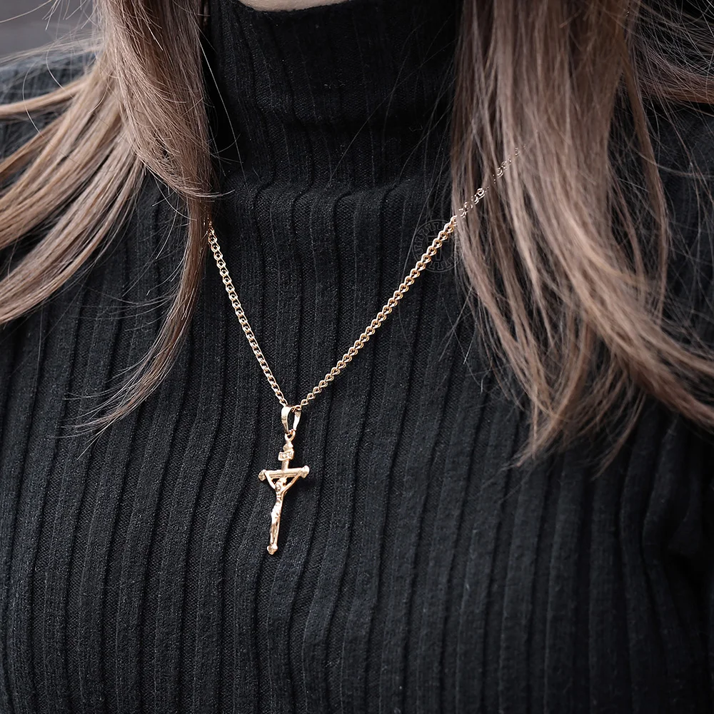 585 Rose Gold Color Cross Pendant Necklace for Men Women Religion Series Crucifix Crystal Prayer Jesus Necklace Chain LGPM26