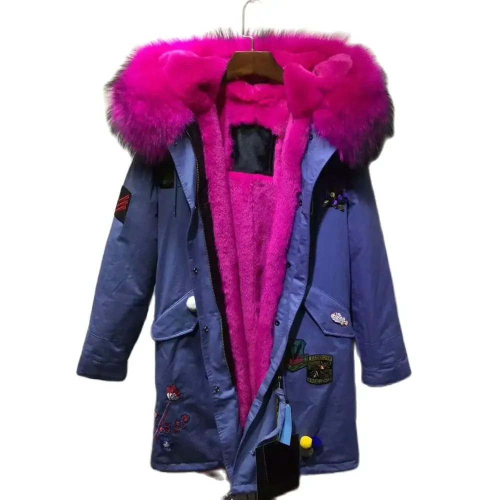 

Rose Pink Long Style Navy Parka With Thick FUR For Ladies Winter Wear Emblem Fur Wear