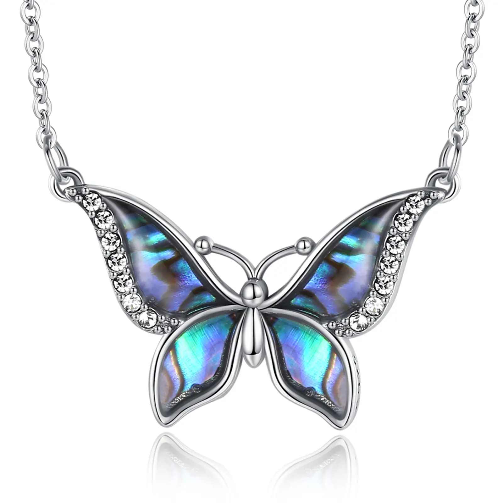 

Eudora Real 925 Sterling Silver Abalone Shell Blue Butterfly Crystal Necklace Pendant FIna Fashion Jewelry Gift for Women 040