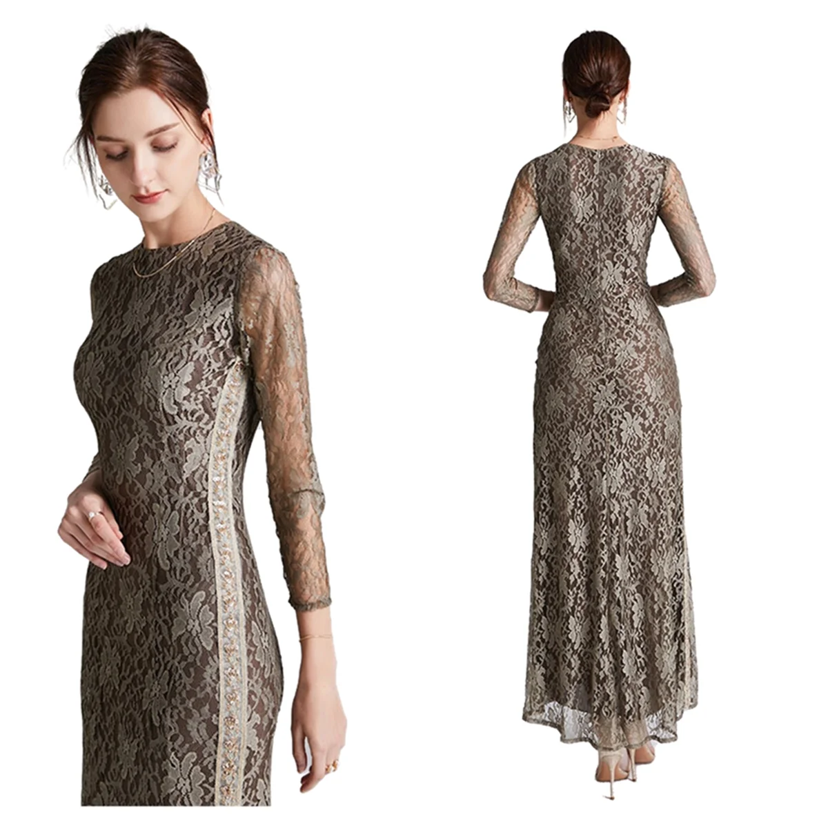 Lace bead embroidered slim fitting long sleeve Middle East temperament dress dress slim fitting evening dress