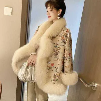 2021 Fashion New Chinese Style Cape Court Celebrity Satin Mid-Length High imitation fox fur Furry Fur Clothing Women\'s