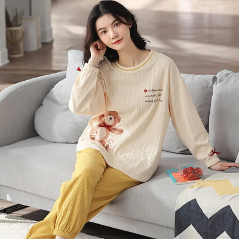 Ladies long sleeve Pajamas Set cartoon cotton pajamas Spring and autumn cotton home wear fashion pajamas long sleeve pants