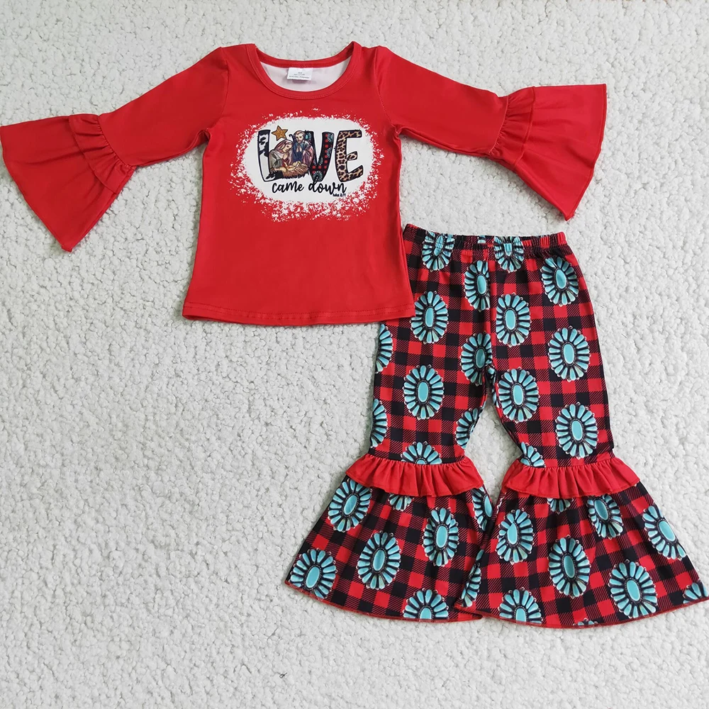 

Wholesale Baby Girl Clothes Ruffle Long Sleeve Bell Bottom Pants 2pcs Kids Outfits Love Boutique Baby Girls Clothing Milk Silk