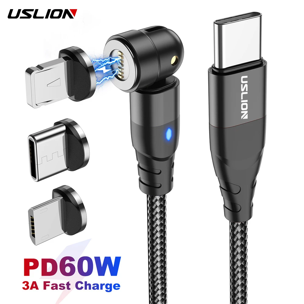 USLION 60W Magnetic Cable Type C to Type C Cable for Redmi Huawei P40 PD Fast Charging for MacBook Pro iPhone 15 Micro USB Cable