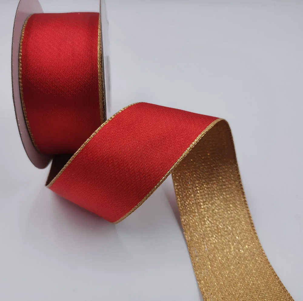 38MM Red Gold Reversible Metallic Wired Ribbon for Christmas Tree Decorations Bow Making New Year Gift Wrapping 10Yards Roll