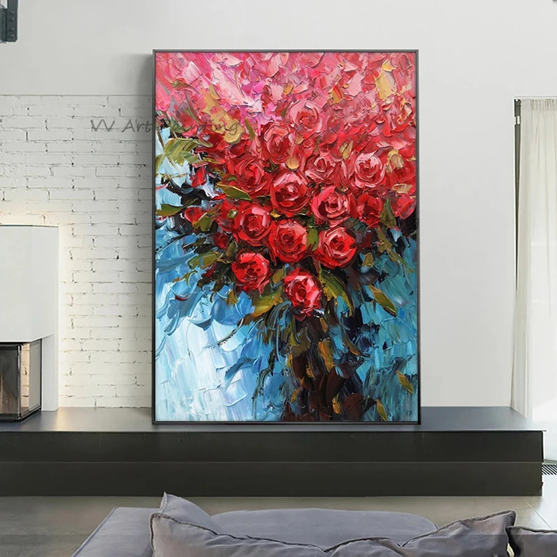 Abstract Thick Palette Knife Orange Rose Oil Painting 100% Hand Painted Canvas Textured Floral Vertical Entrance Wall Decor