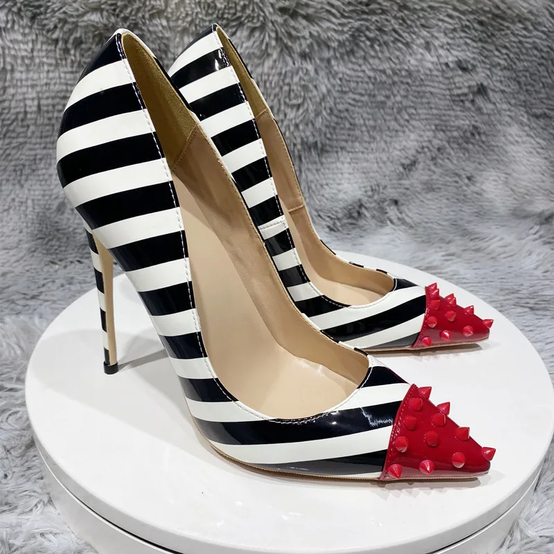 Tikicup Red Spikes Poinry Toe Women Striped Print High Heel Party Shoes Sexy Ladies Slip On Designer Stiletto Pumps Customize