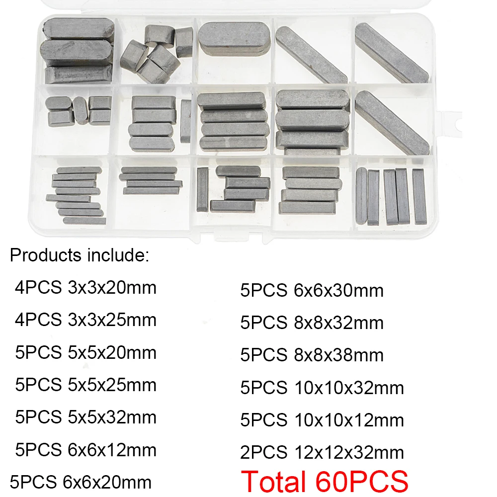60PCS/Box Type A Round Ended Feather Key Parallel Drive Shaft Keys Set 3mm 5mm 6mm 8mm 10mm 12mm Hardware