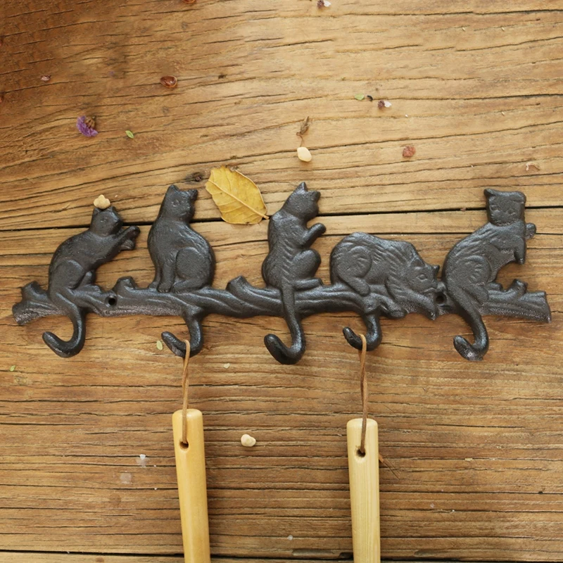 Black Cast Iron Five Cat Tails Hook Rack Animal Keyholder Home Decor Organizer Kitchen Bath Office Hat Bag Coat Towel Storage