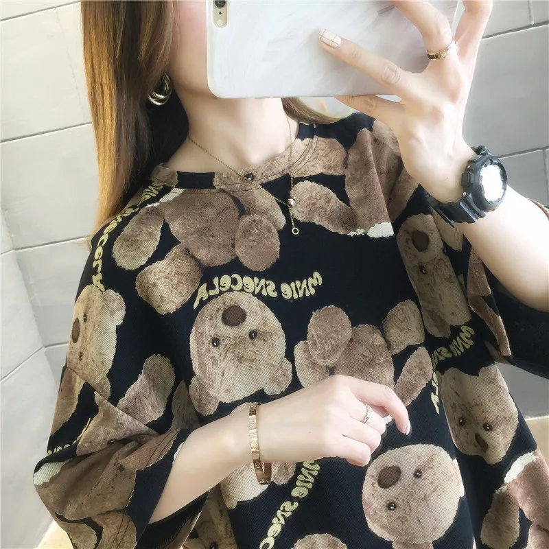 Summer Harajuku Women T-shirt Half Sleeves Cartoon Bear Loose Tops Tide High Street Cotton Tshirt Large Size Tees NS4523