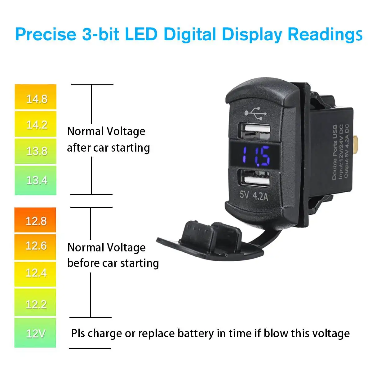 New 12V Blue/Red LED USB Charger Backlit Rocker Switch for Polaris RZR Ranger 900 1000 RZR900 Digital Voltmeter Blue LED Light