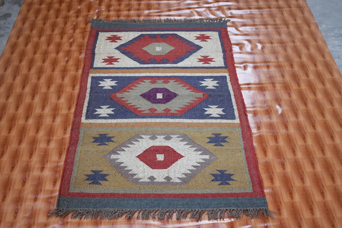 Jute Wool Rug Decorative Rug Double-sided Rug 3x5 Feet Handmade Jute Wool Kilim Rug Home Natural Decoration