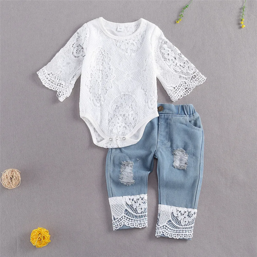 Mildsown Kids Baby Girls 2pcs Clothes Sets Lace Flowers Long Sleeve Bodysuit Romper Tops Blue Denim Pants Autumn Outfits 0-24M