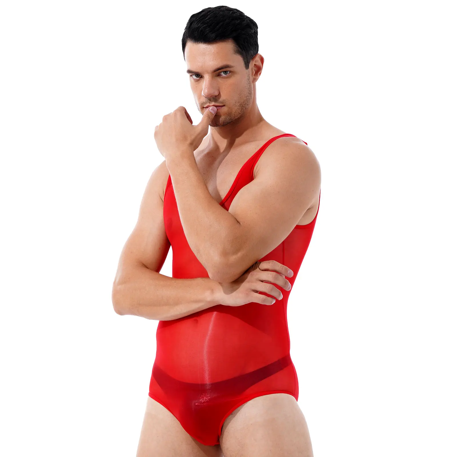 Mens Lingerie See-through Bodysuit Underwear Glossy Scoop Neck Close-fitting Sleeveless Leotard Bodysuit