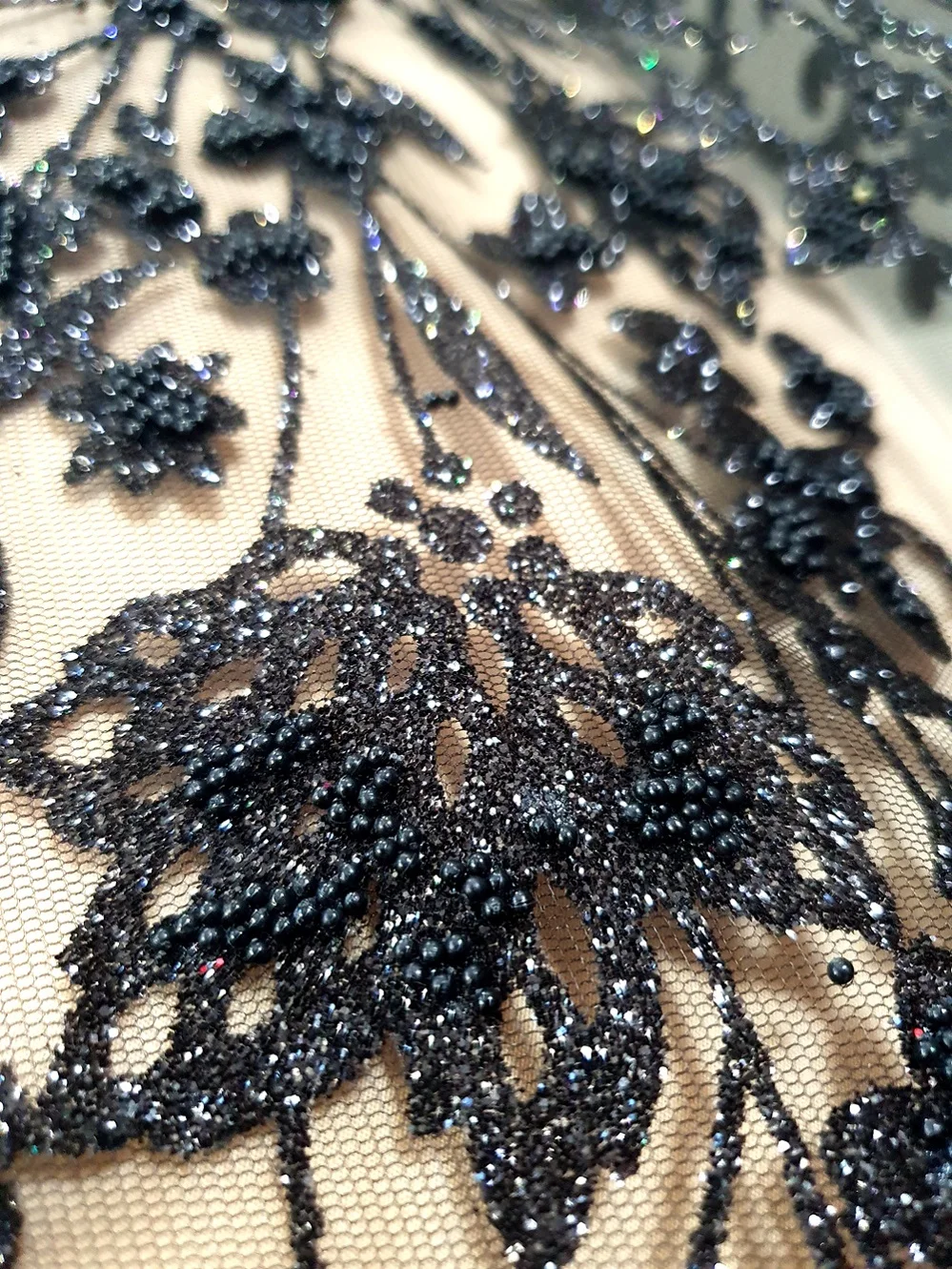 Long Stick on Black Small Beads Mesh Fabric Sew on Couture Diy Appliques Patches For Clothes Prom Costumes Wedding Decorations