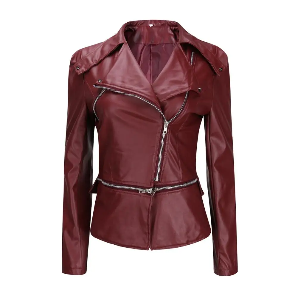 Ecowalson Women PU Leather Jacket Coat Slim Women Leather Jacket Motorcycle Zipper Long Sleeve Jackets Plus Sizes XS-5XL