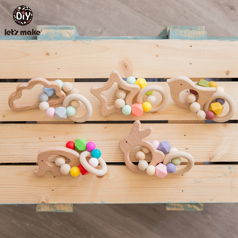 Let's Make 5 ชิ้น/เซ็ต 17 มม.BPA ฟรี Teething ซิลิโคนลูกปัดไม้แหวนของเล่น Teether สำหรับเด็ก baby Rattle ของเล่น