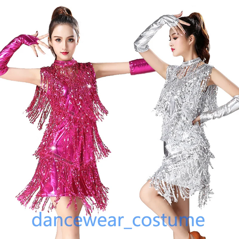 Women Sexy Prom Party Ballroom Latin Tango Jazz Modern Salsa Dance Dress Performance Practice Sequins Tassels Fringe Skirt 10Col