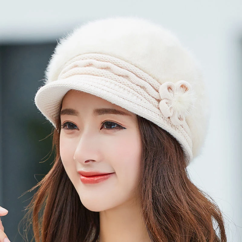 Simple Winter Autumn beret hat for women knitted hat for mom Rabbit fur beret solid fashion lady cap fall hat Female cap