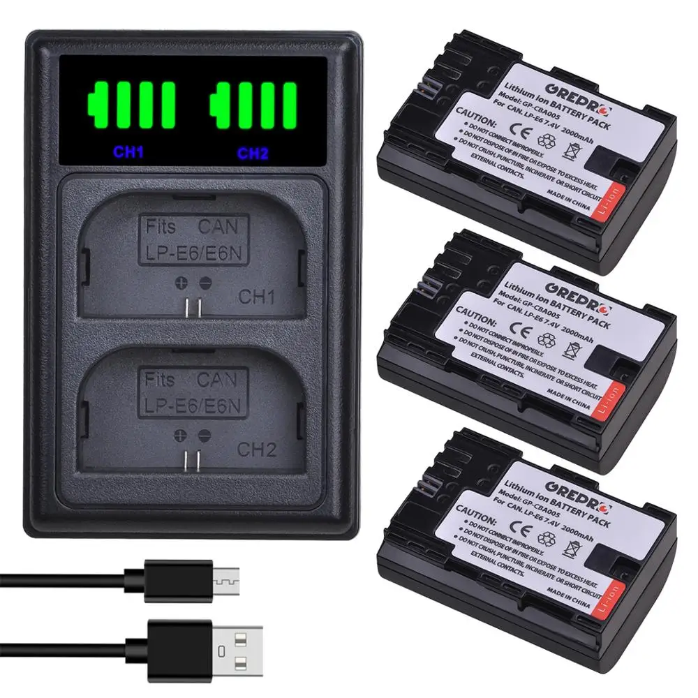 2000MAh LP-E6 LP E6 LPE6 Pin Máy Ảnh + Tặng Bộ Sạc Đôi Với Loại-C Cho Canon 5D mark II III 7D 60D EOS 6D 70D 80D