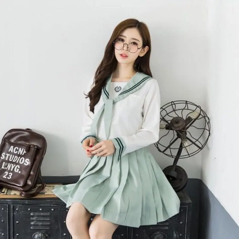 Korean Style Female Student Uniform Clothing T-shirt And Pleated Skirts Set Japanese School Navy Sailor Suit Cosplay Costume