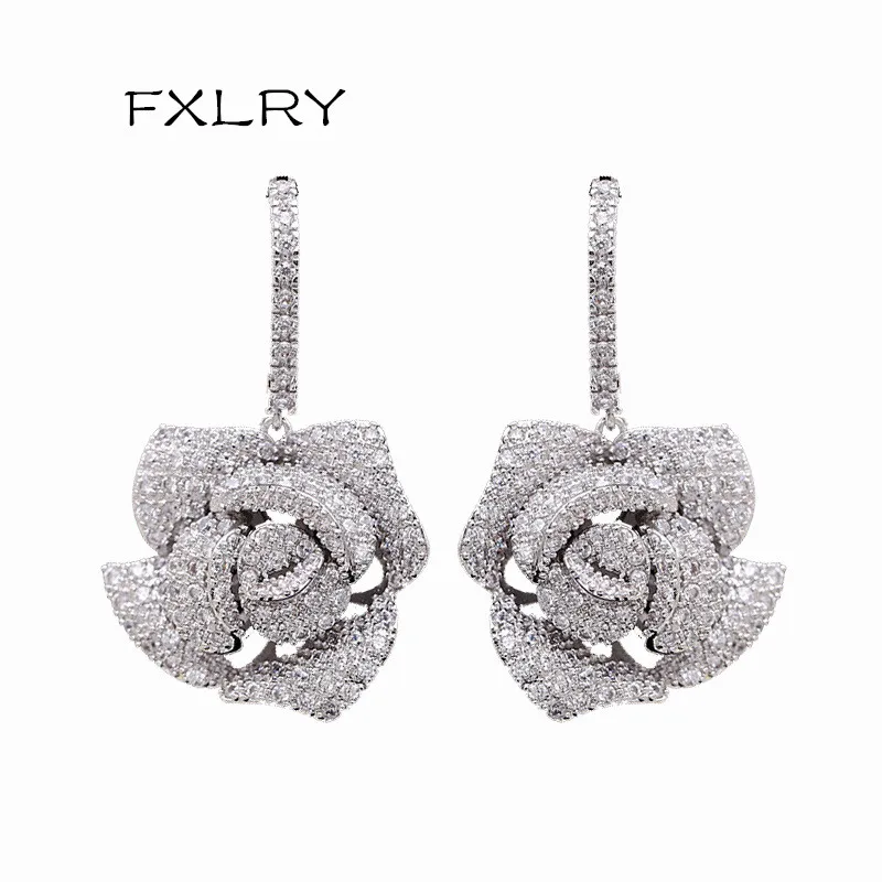 

FXLRY Elegant White Color Micro-inlaid Zircon Camellia Ear Hook Earrings For Women Wedding Jewelry Gift