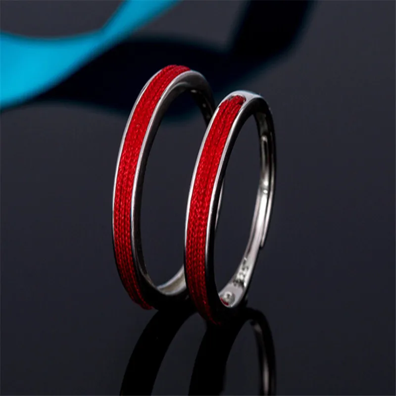 Anillo de plata con forma de corazón para hombre y mujer, sortija ajustable, cuerda roja, 925