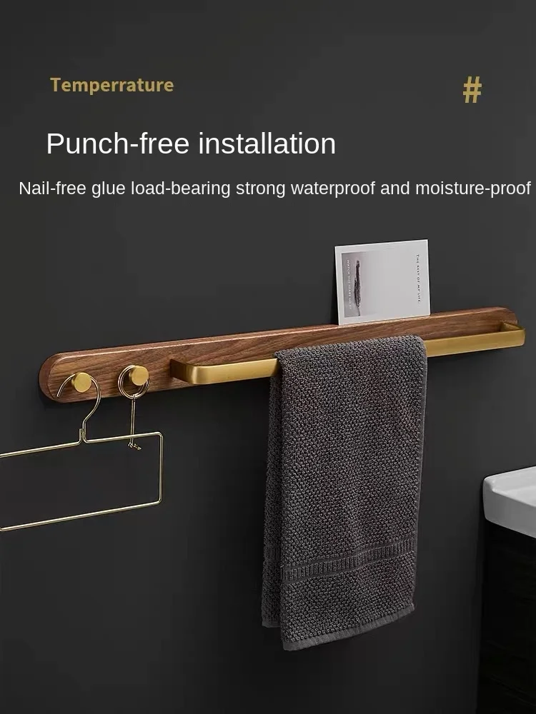 

Black walnut bathroom towel hanger Bath towel rack multistory shelf wood towel rod aluminium alloy towel shelf brushed gold
