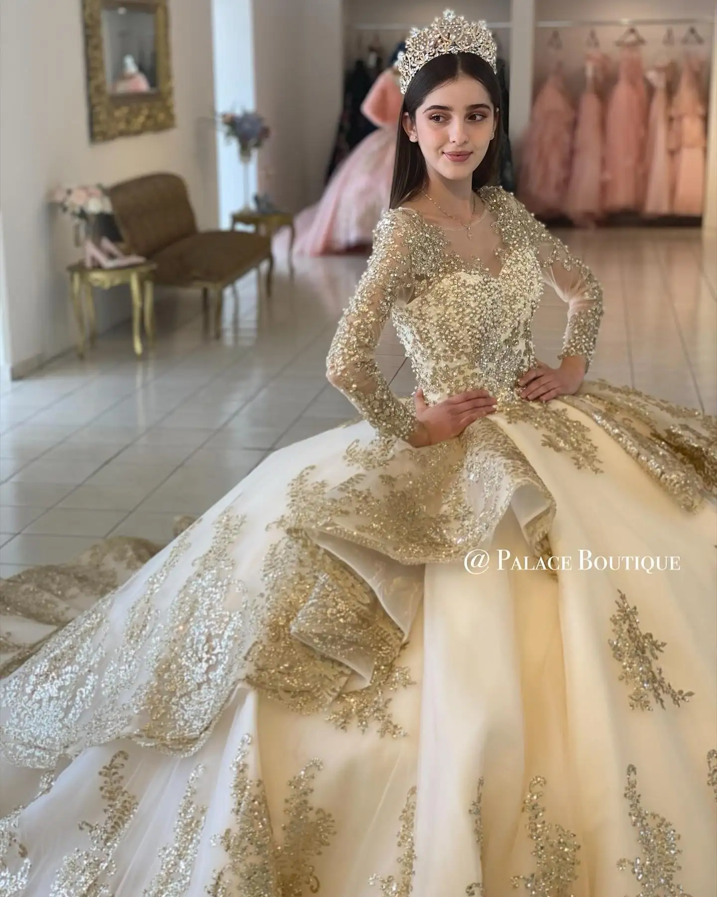 فستان حفلة بأكمام طويلة من Quinceanera ، فساتين شامبانيا ، مزين بأربطة ، ملابس حفلات ، فستان 16 حلو ، حفلة موسيقية