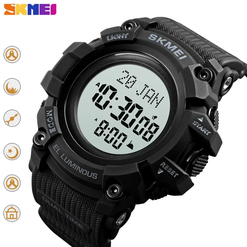 SKMEI Digital Men\'s Watch Outdoor Multifunction Prayer Qibla Compass Wristwatches Electronic Stopwatch Clock Relogio Masculino