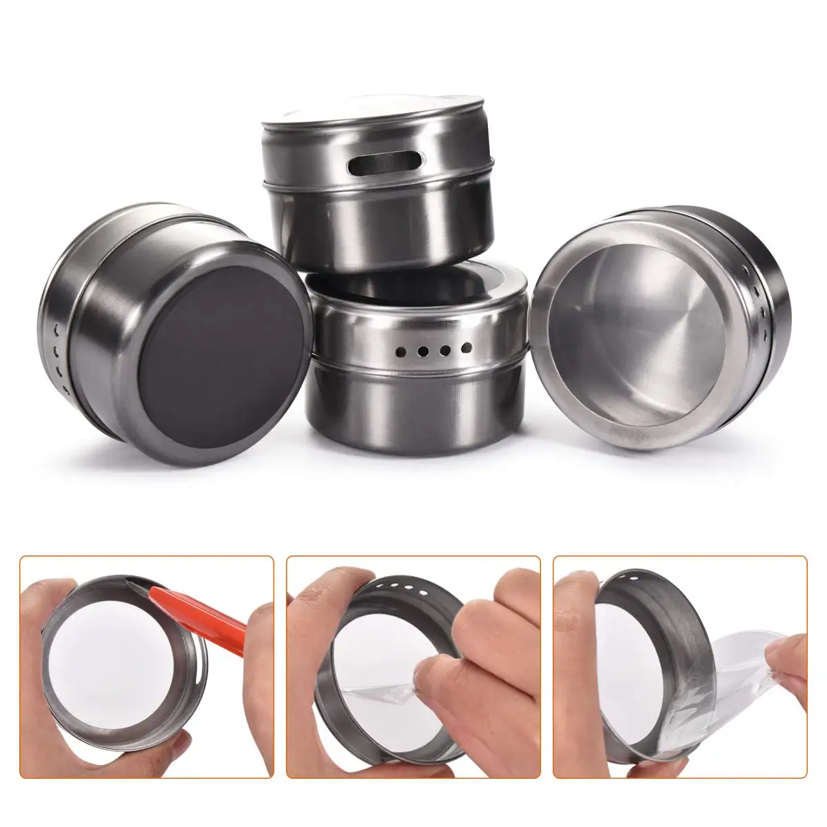 LMETJMA Magnetic Spice Tins Stainless Steel Spice Jar Set With Stickers Pepper Shakers Salt Pepper Set Seasoning Sprays  KC0017