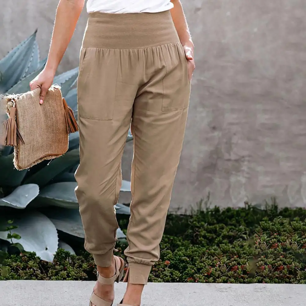 Women High Waisted Pants Solid Color Ankle Tied Autumn Winter Elastic Waist Side Pockets Trousers Casual Office Ladies Pants